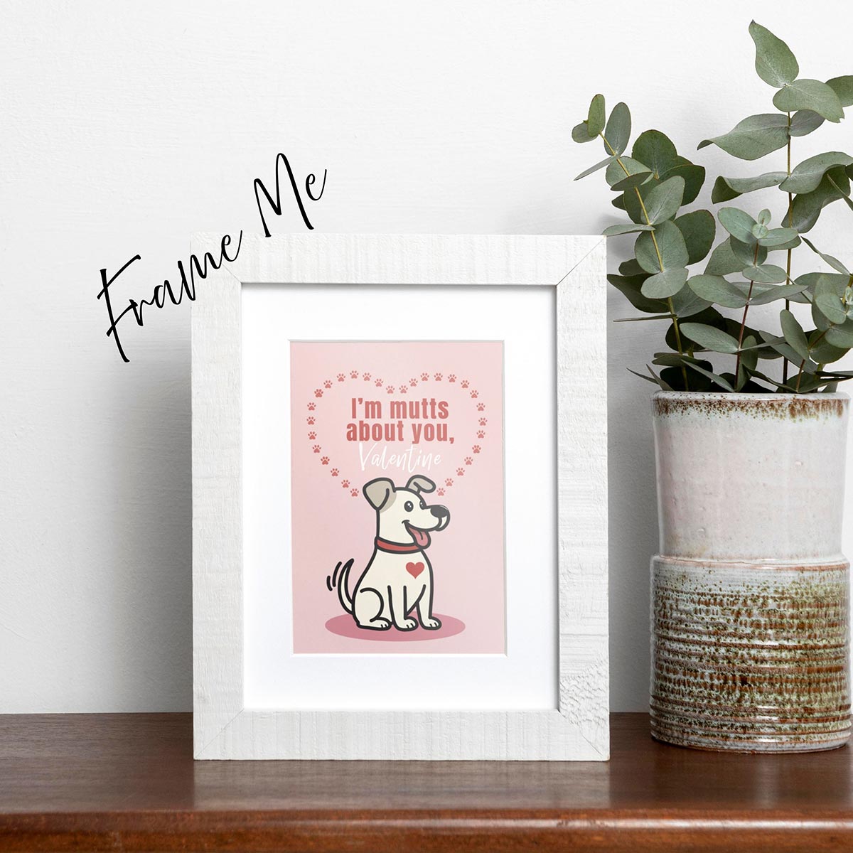 framed Tuna Time card featuring a cute orange cat sitting on a can of tuna, text on top of card reads "You Make Me Purr Louder than Tuna Time", the card has a muted pink background
