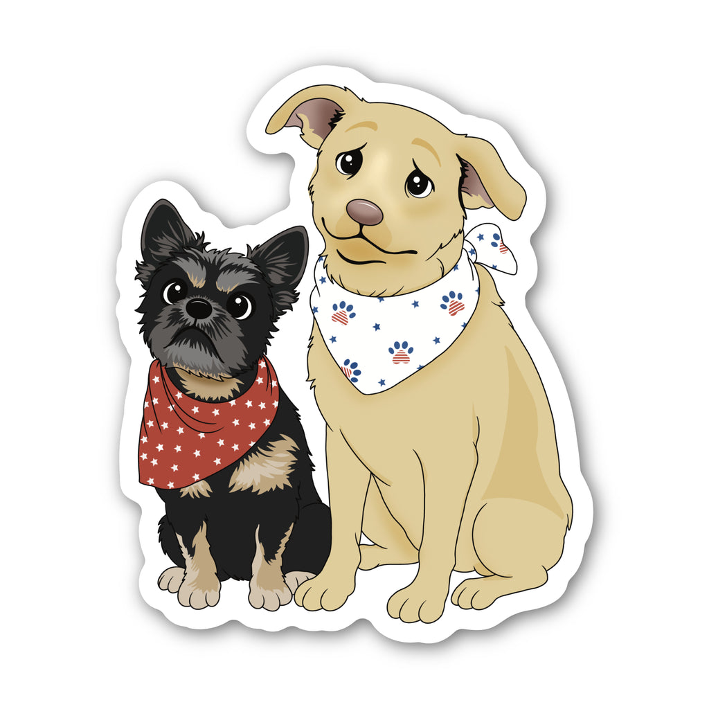 sticker or magnet of two cartoon dogs with bandanas on a white background