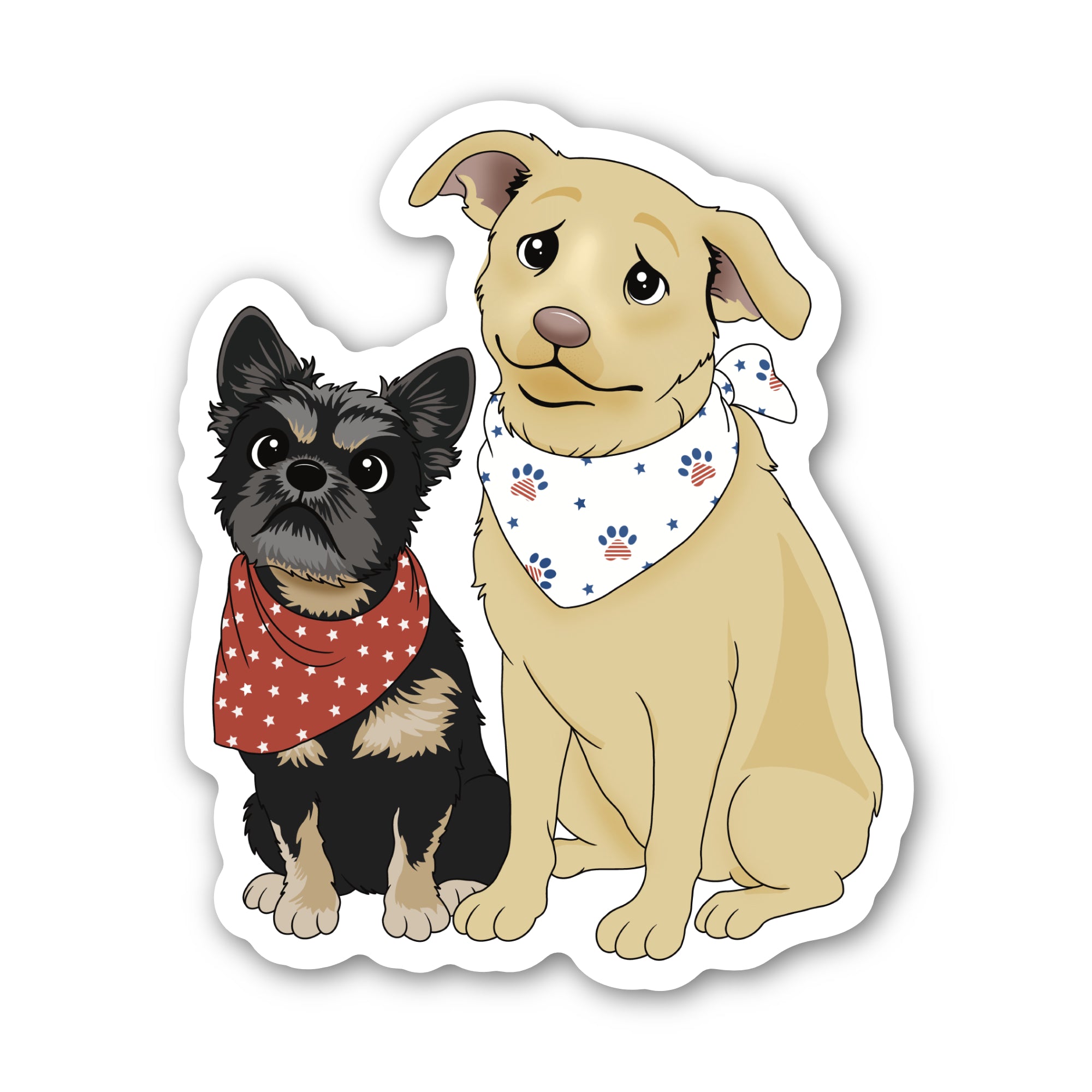 sticker or magnet of two cartoon dogs with bandanas on a white background