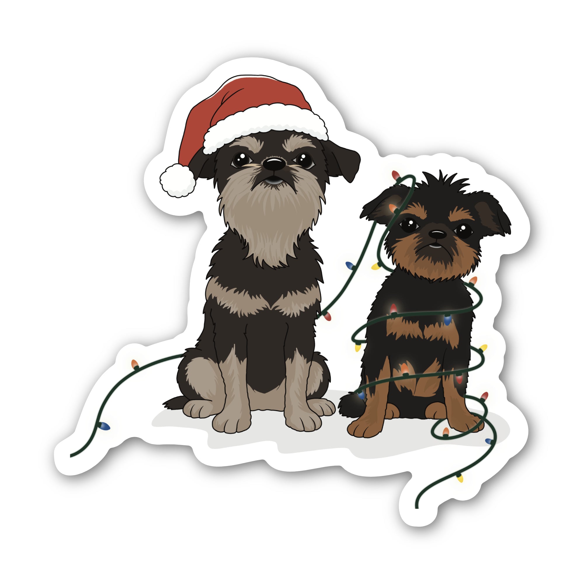 sticker or magnet of two dogs, one wearing a Santa hat and surrounded by Christmas lights, on a white background.