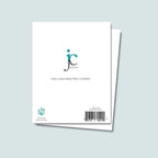 back of Paw Print Christmas Tree card showing JC Pet Designs logo and unique message tagline "Have a Paws-itively Merry Christmas", Oz's paw print in teal in lower left corner above words blank inside and made in USA, sku and barcode on right bottom corner of card