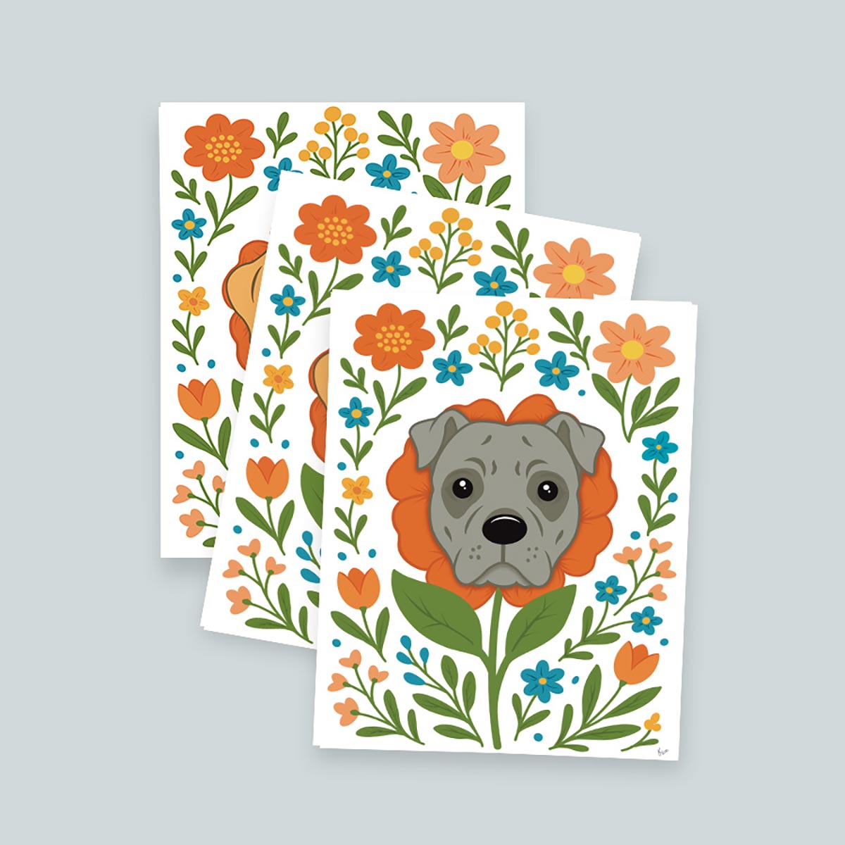stack of 3 Pit Bull Flower art prints featuring a gray Pit Bull's face framed by an orange flower surrounded by orange and teal flowers and green stems leaves on a white background