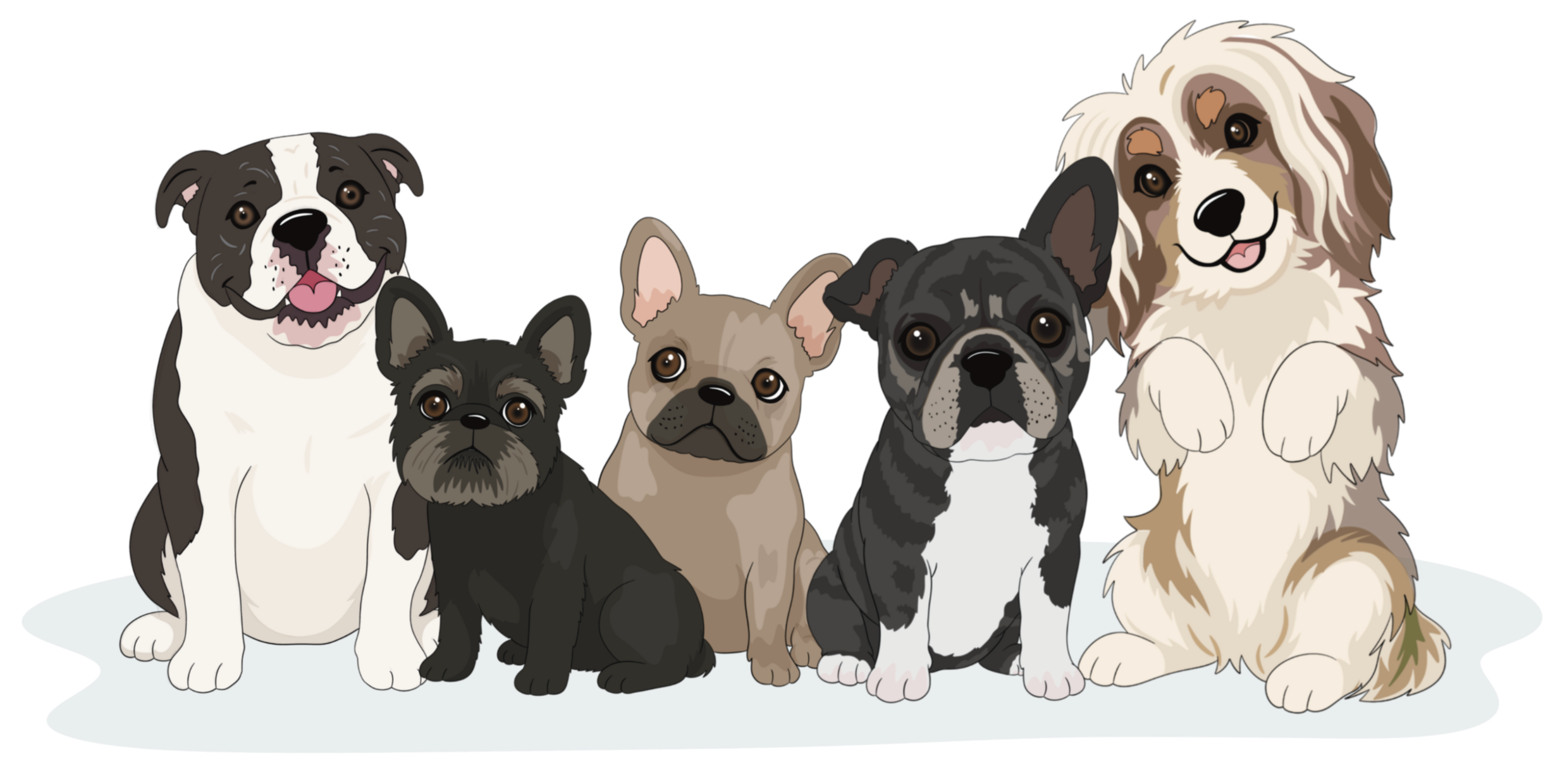 A cartoon-style illustration of five dogs sitting side by side on a plain white background. The dogs include black-and-white, black, tan, black-and-white, and cream-and-tan breeds.