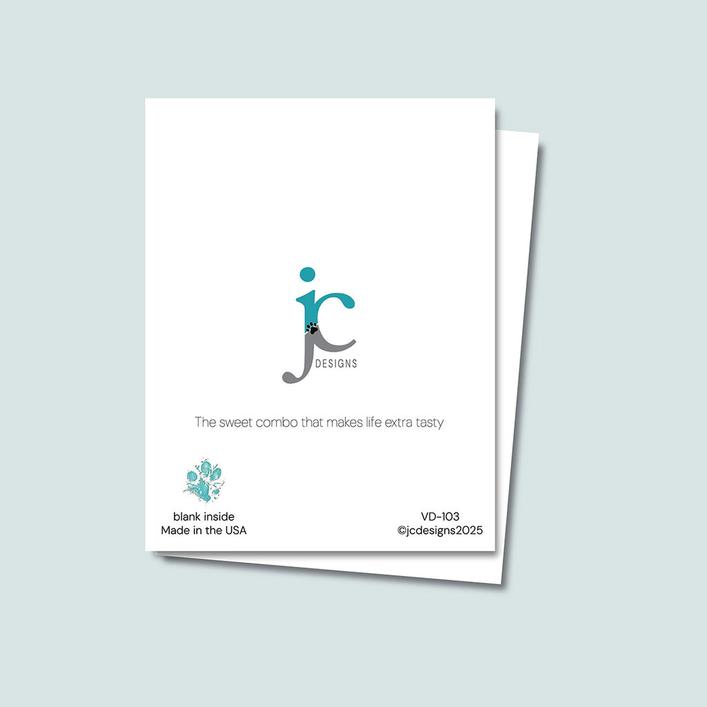 back of Pup Cup card showing JC Pet Designs logo and unique tagline that reads  "The sweet combo that makes life extra tasty", in the bottom left corner of the white card is Oz's paw print in teal and text that reads "blank inside, made in the USA", the bottom right corner of the white card is the sku and copyright @jcpetdesigns2025