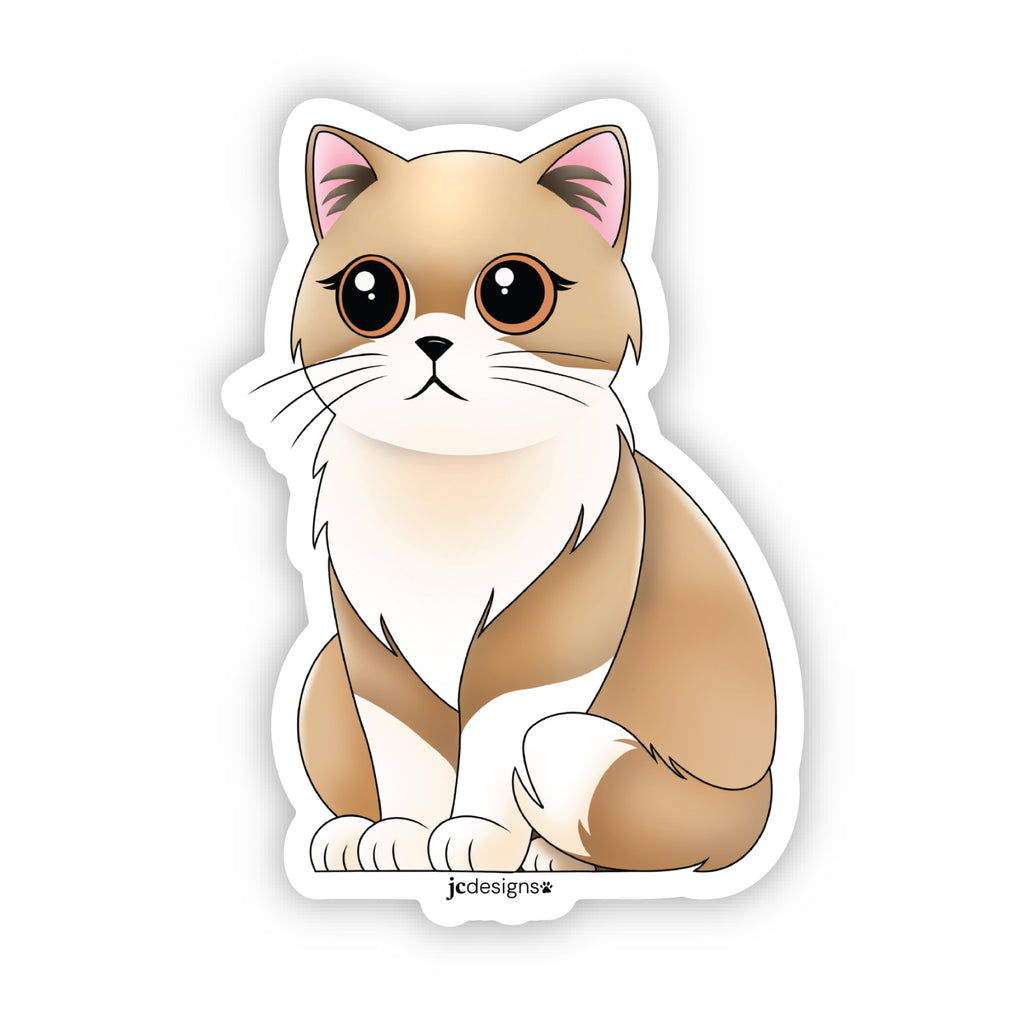 Fluffy Tan White Cat Sticker - Hand-Drawn Vinyl Decal