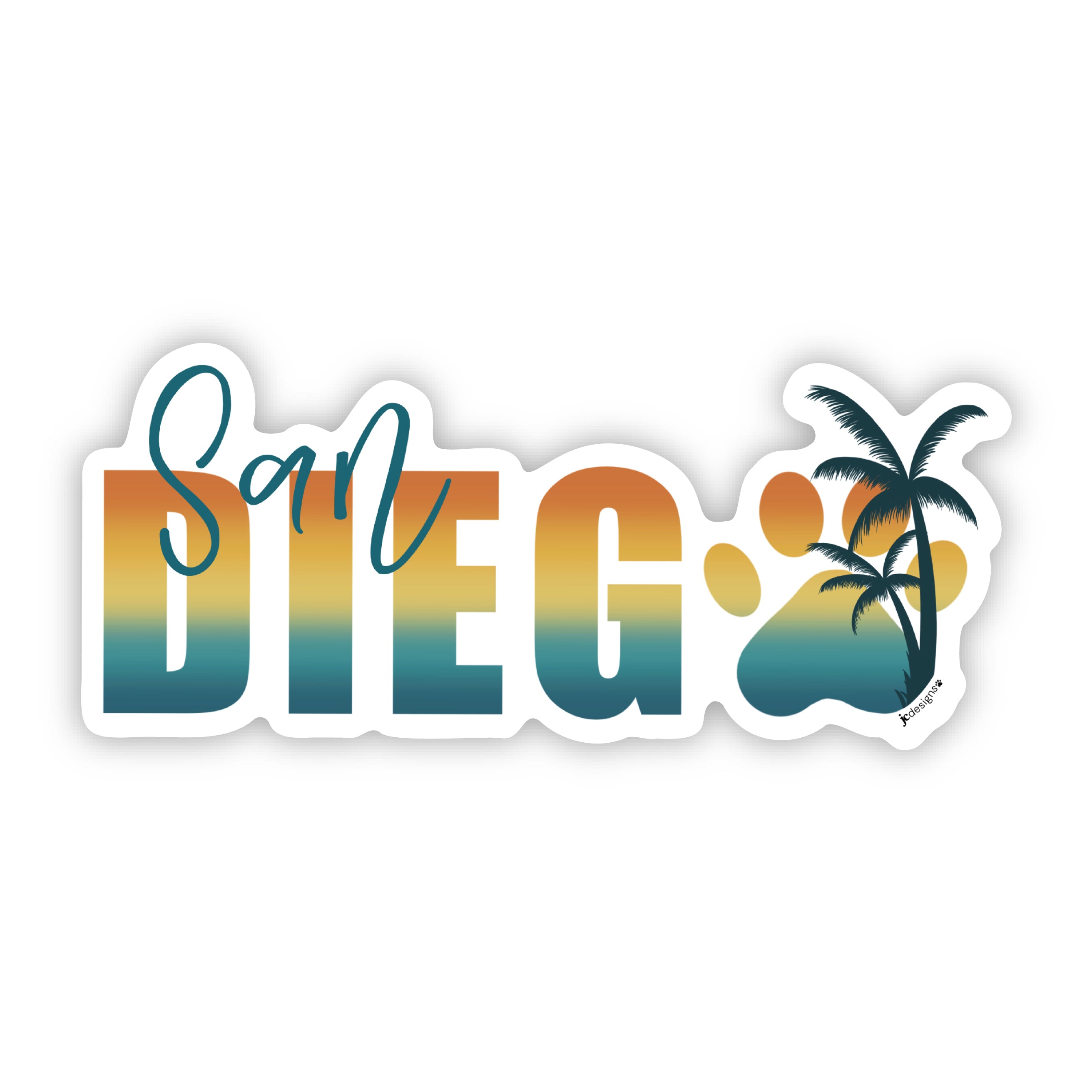 Sticker design with the words 'San Diego' in a bold gradient font transitioning from teal to yellow to orange, resembling a sunset. The word 'San' is written in a teal script font above the 'D' in 'Diego'. The 'O' is replaced with a large paw print in matching gradient colors, overlaid with a silhouette of a palm tree. The design is outlined in white.