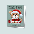 Santa Paws Christmas card featuring an adorable fluffy brown puppy in a Santa suit and hat sitting in snow next to a red and white wrapped gift, puppy's paw pads are red, text on top of card reads "Santa Paws", text on bottom of card reads "is coming to town", card has a muted teal background