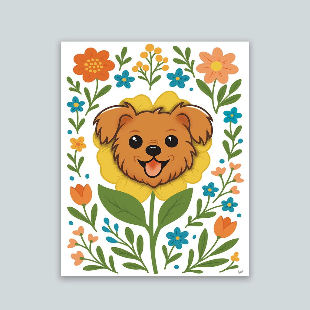Terrier Flower art print featuring a brown terrier face framed by an yellow flower surrounded by orange and teal flowers and green stems leaves on a white background