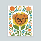 Terrier Flower art print featuring a brown terrier face framed by an yellow flower surrounded by orange and teal flowers and green stems leaves on a white background