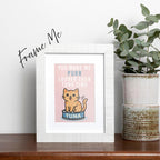framed Tuna Time card featuring a cute orange cat sitting on a can of tuna, text on top of card reads "You Make Me Purr Louder than Tuna Time", the card has a muted pink background