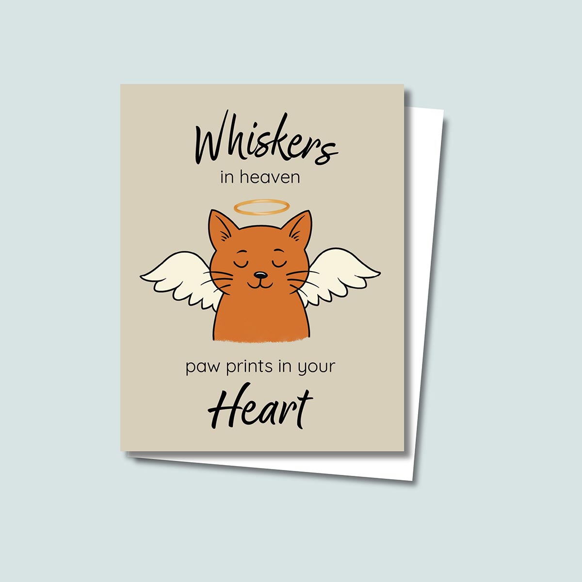Whiskers in Heaven pet loss sympathy card featuring an orange cat with angel wings and gold halo, text reads Whiskers in heaven at top of card and paw prints in your heart at bottom of card, card has a muted light brown background