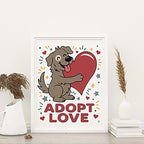 Framed Adopt Love art print with smiling brown dog with white patch around right eye hugging a red heart surrounded by yellow diamonds, teal stars, red hearts, teal dots, and teal & yellow lines on a white background, Frame not included in purchase