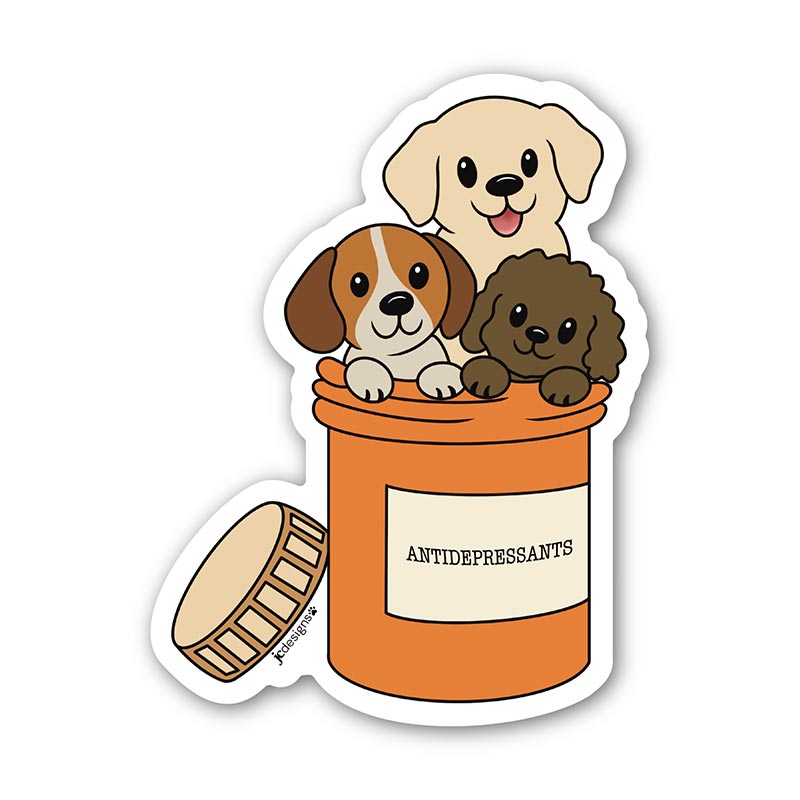 Cute sticker of three cartoon dogs - a brown curly labradoodle, yellow lab, and a red, tan, and white beagle - sitting inside an orange pill bottle with lid resting on side of bottle, labeled "Antidepressants"