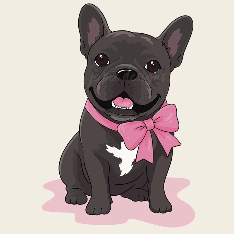 A cartoon-style illustration of a black French bulldog wearing a pink bow tie, sitting on a light beige background with a soft pink shadow underneath.