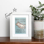 framed Thanks for Being Awesome greeting card featuring a happy brown dog with a light tan belly lying on its back with its tongue sticking out, text on the card reads "Thanks for Being Awesome, Consider This Your Belly Rub", card has a muted teal background, frame not included in purchase