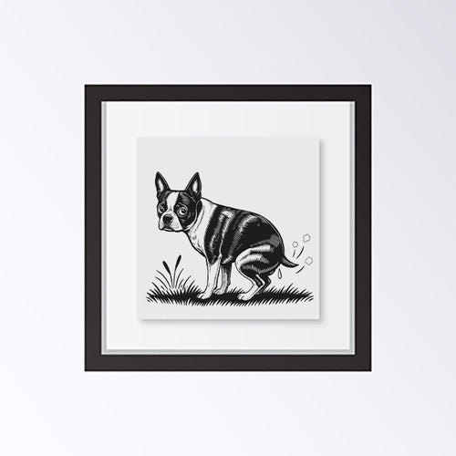 Boston Terrier dog pooping black and white art print in black frame