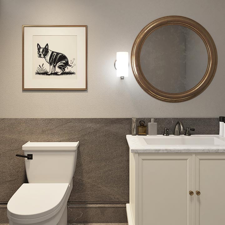 Boston Terrier dog pooping black and white art print framed above toilet in bathroom