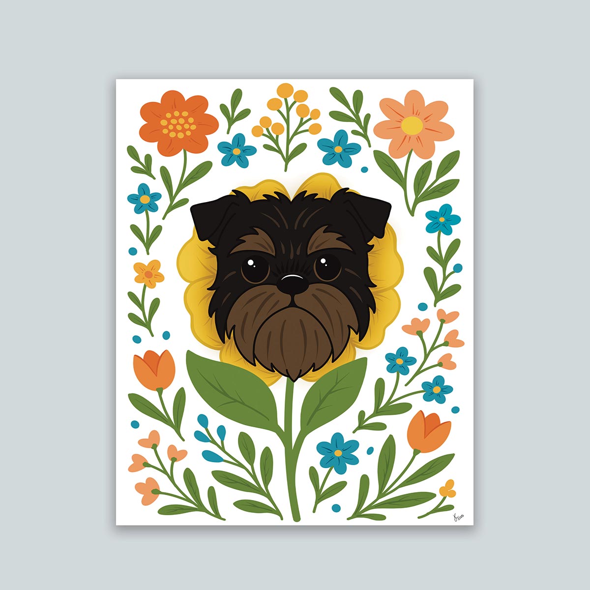 Brussels Griffon flower art print featuring a black and tan Griffon dog's face framed by a yellow flower surrounded by orange and teal flowers and green leaves and stems on a white background