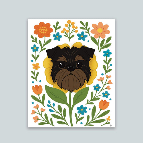 Brussels Griffon flower art print featuring a black and tan Griffon dog's face framed by a yellow flower surrounded by orange and teal flowers and green leaves and stems on a white background