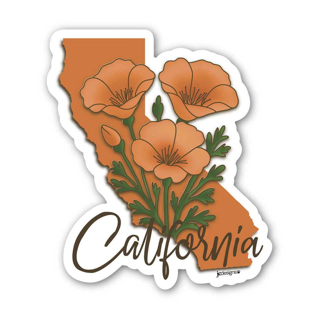 California state-shaped sticker featuring vibrant orange poppy flowers extending out of state outline with elegant script text reading "California" at bottom of sticker, white outline die cut
