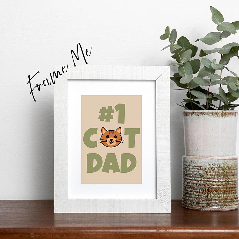 framed Father’s Day card featuring a cat illustration and the text “#1 Cat Dad”