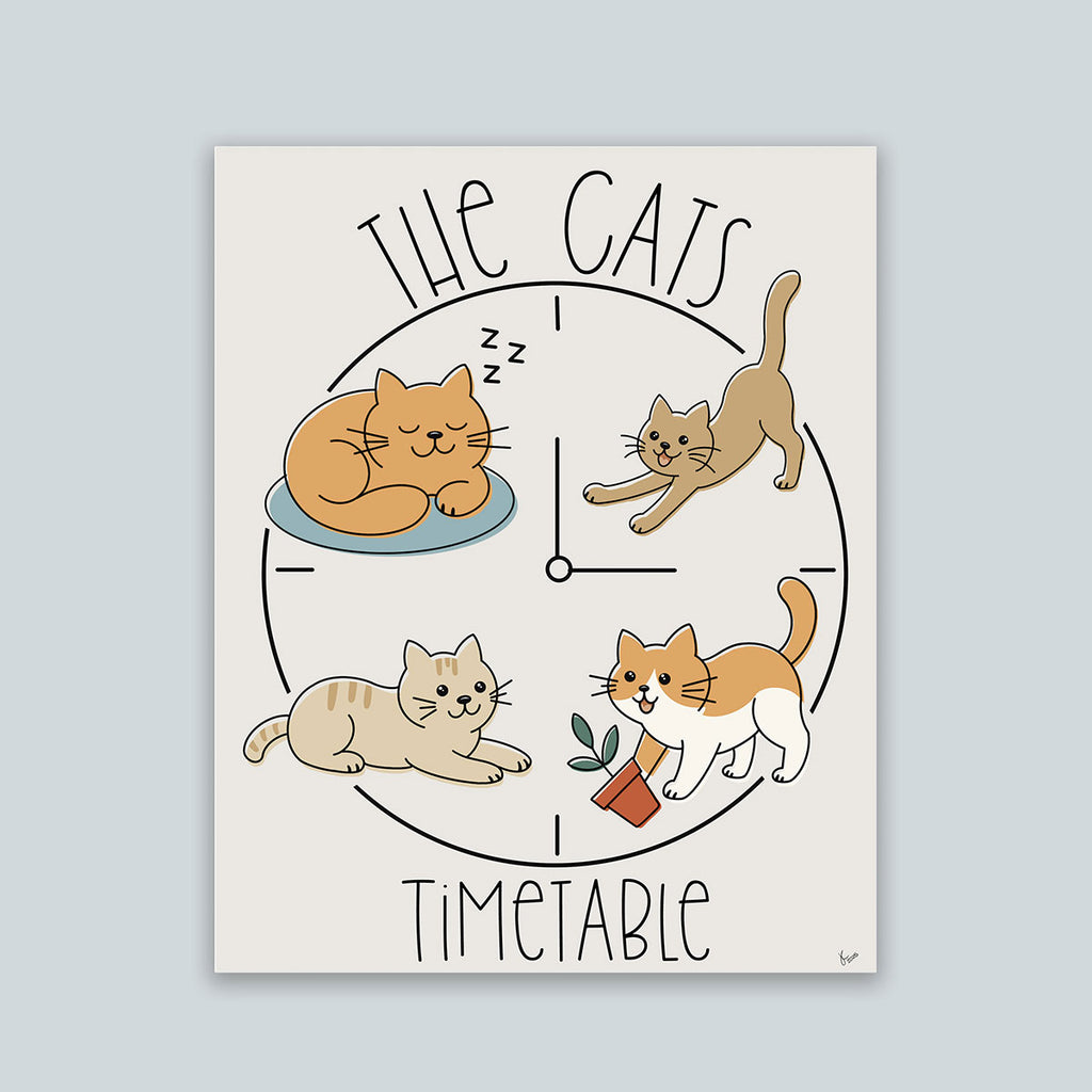 The Cats' Timetable art print featuring four illustrated cats lounging, stretching, napping, and playing around a clock design, text The Cat's is arched over the top and text Timeable arched under the bottom, the image is on a light tan background