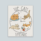 The Cats' Timetable art print featuring four illustrated cats lounging, stretching, napping, and playing around a clock design, text The Cat's is arched over the top and text Timeable arched under the bottom, the image is on a light tan background