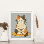 framed minimalist cat yoga art print featuring brown tan and orange calico cat sitting cross-legged in a meditative post on a yellow mat with muted blue green background, frame not included in purchase