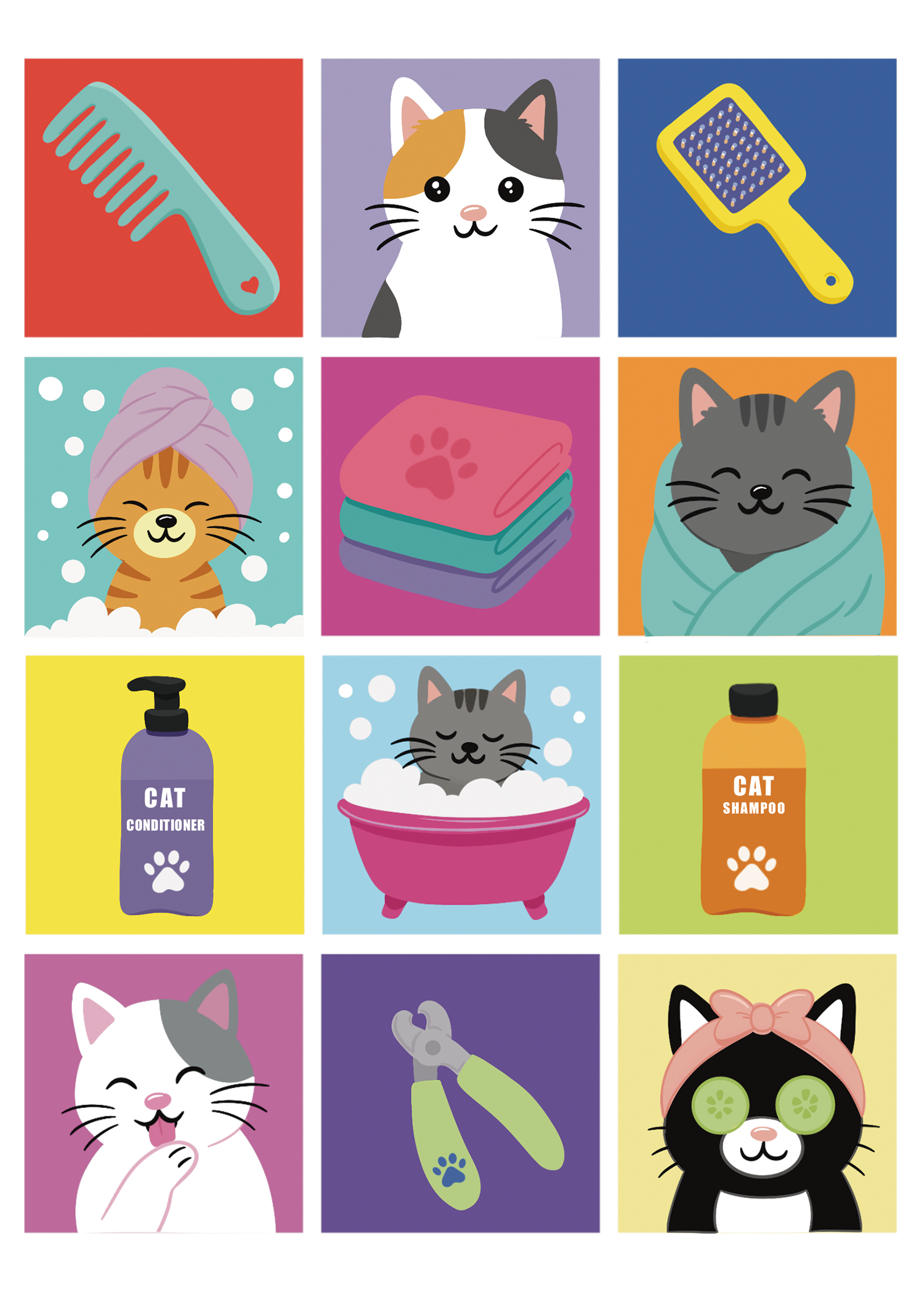 Cat Grooming Art Print — Hand-Drawn Wall Art for Cat Lovers