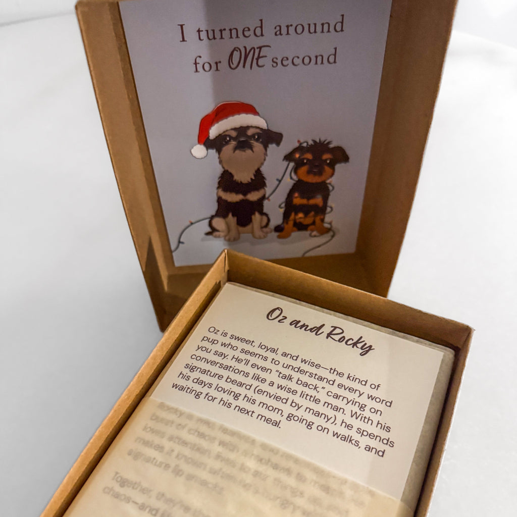Open box containing a pet story packaged with custom hand-drawn greeting card set and with a dog illustration on the inside of box