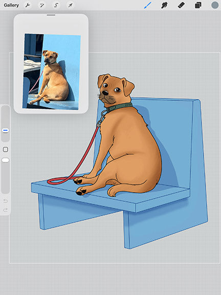 custom hand-drawn Illustration of a tan dog sitting on a blue chair with a reference photo in the corner.