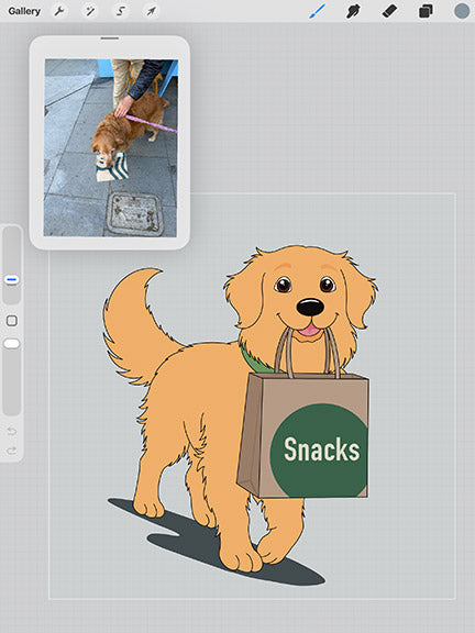 Illustration of a dog carrying a 'Snacks' bag on a digital art software interface.