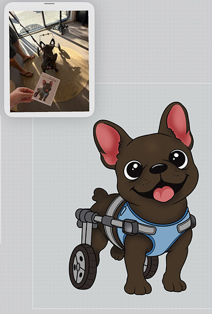 Cartoon french bulldog in a wheelchair with a small inset of a real dog on a leash.
