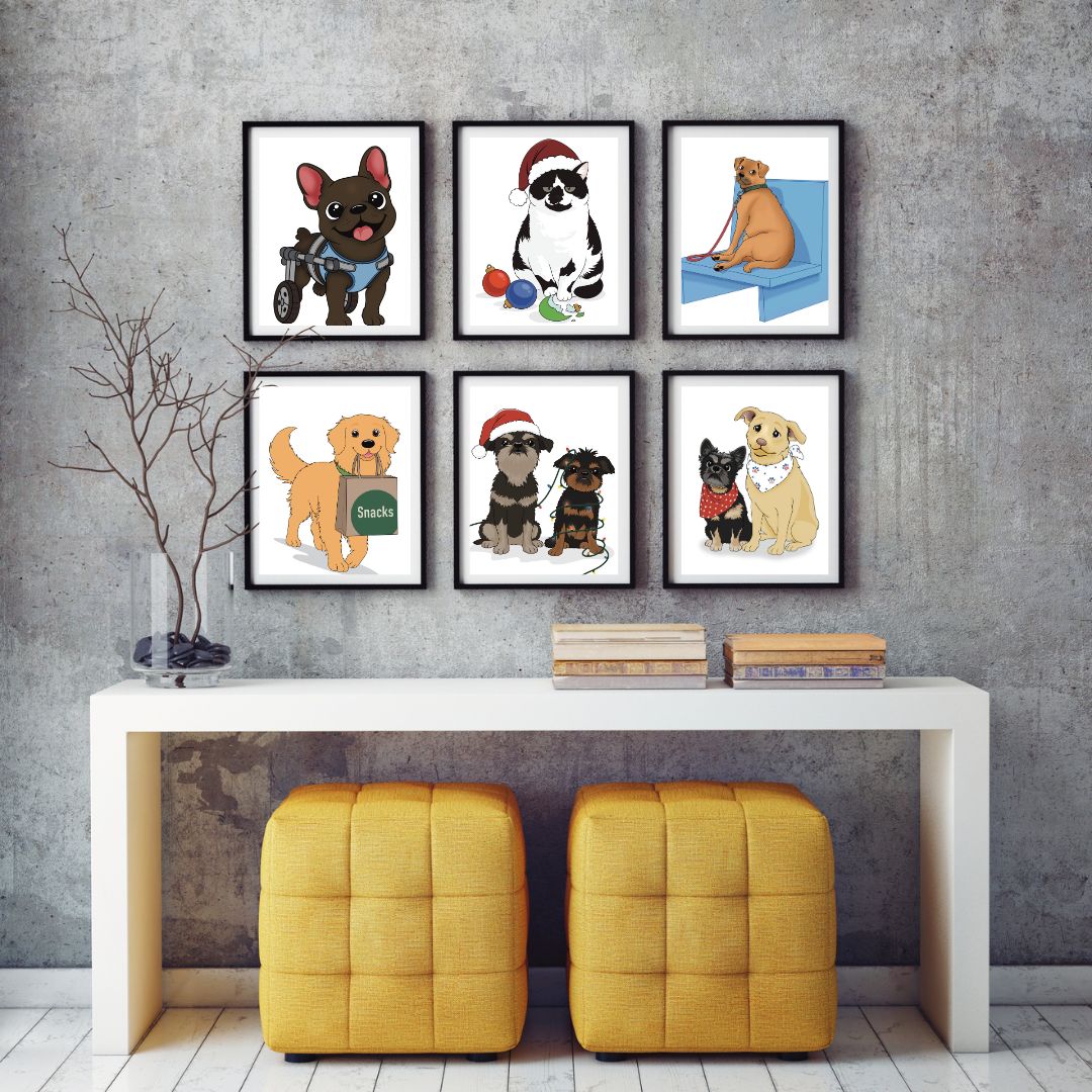 Six framed illustrations of custom hand-drawn dogs  and cats framed and displayed on a gray wall above a white console table with yellow stools.