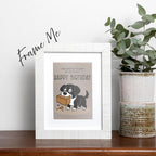 framed The Dog Ate It Birthday card featuring a cartoon black and white dog holding a chewed-up gift box with the text that reads, "I was gonna get you a gift but the dog ate it, Happy Birthday", the card is on a brown background, frame not included in purchase