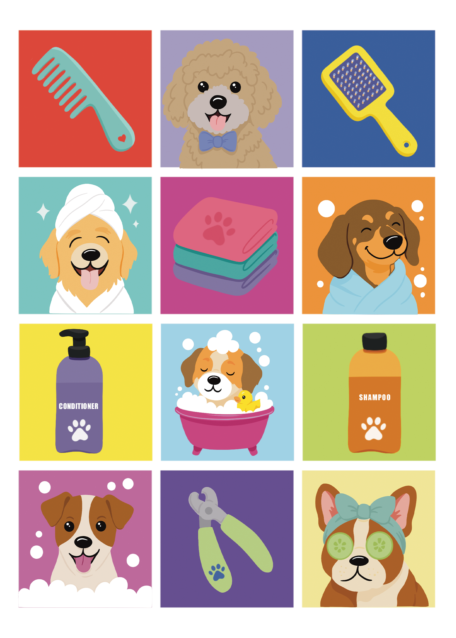 Illustrations of dog grooming items including a comb, bath towels, shampoo bottles, and grooming tools on a grid.
