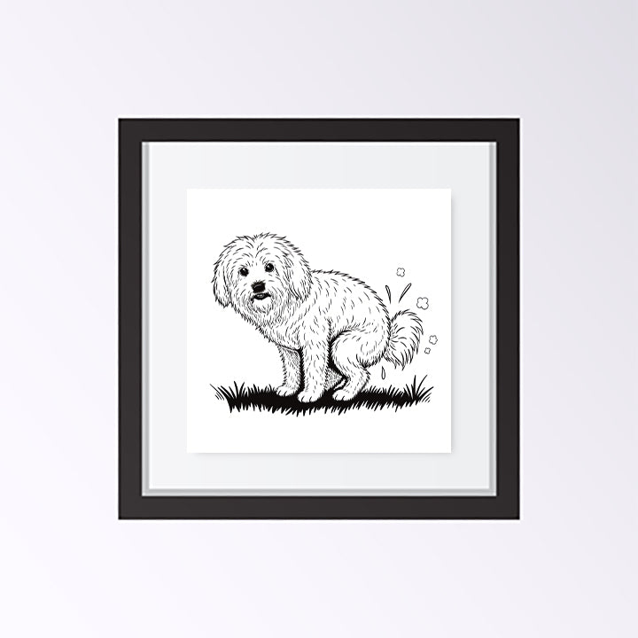 Doodle dog pooping black and white art print in black frame