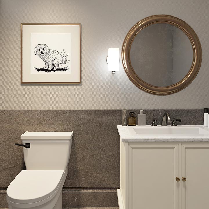 Doodle dog pooping black and white art print framed hanging above toilet in bathroom