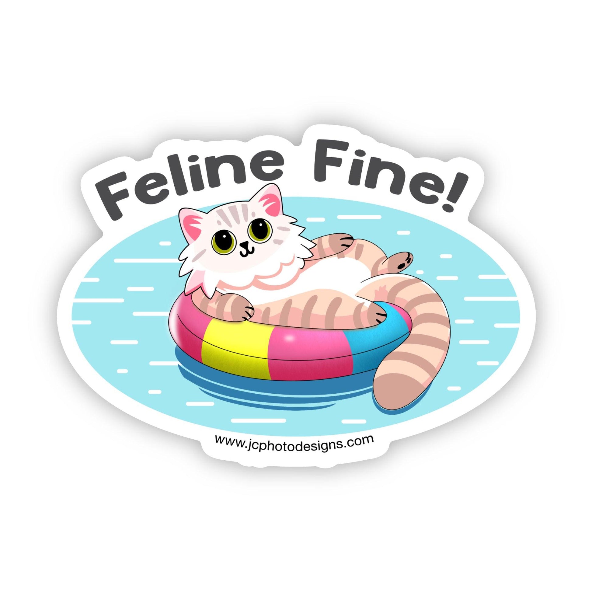 ‘Feline Fine!’ Pool Cat Sticker - Cheerful Cat on Floatie Sticker - JC Designs