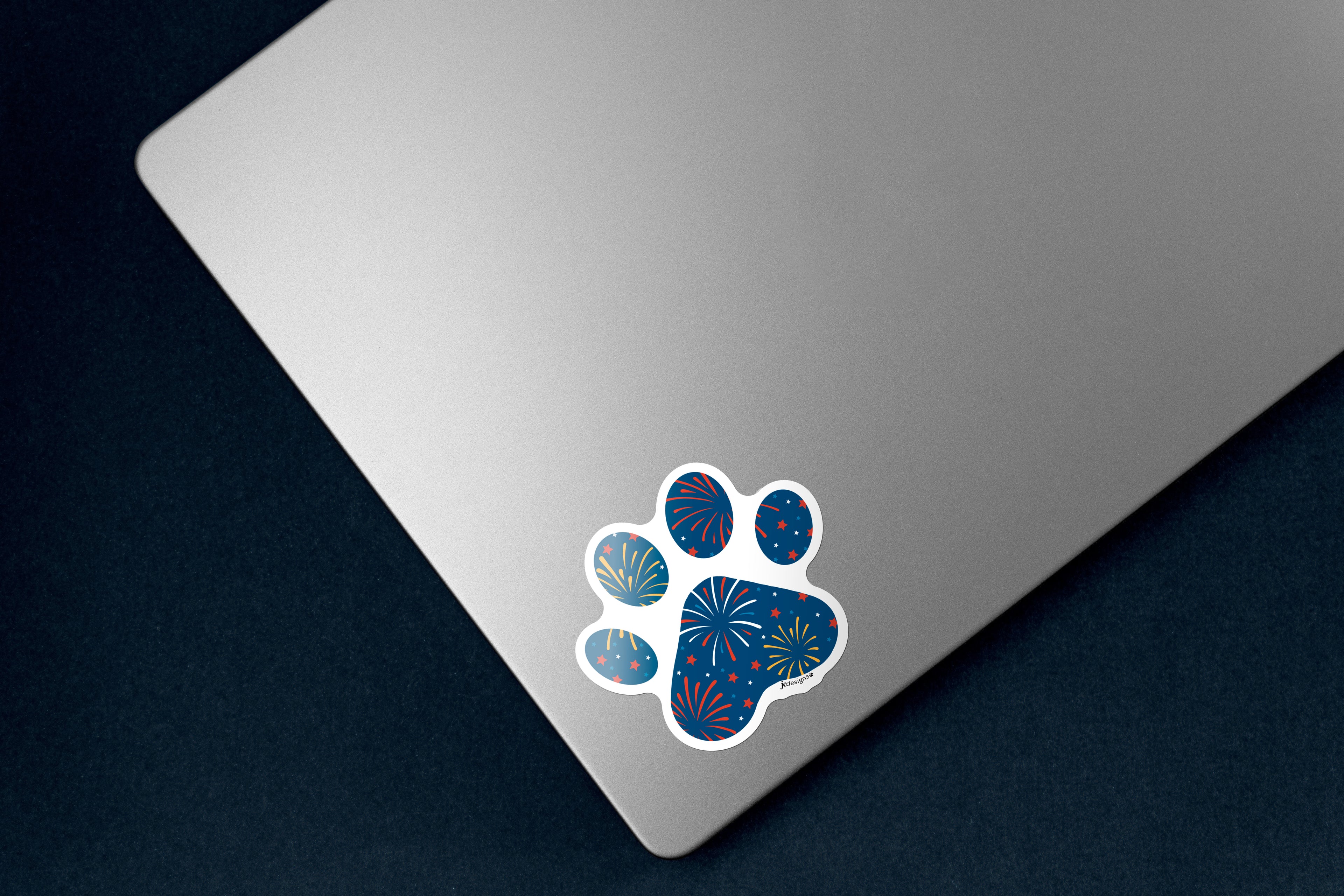 Dark Blue dog paw print with fireworks pattern.