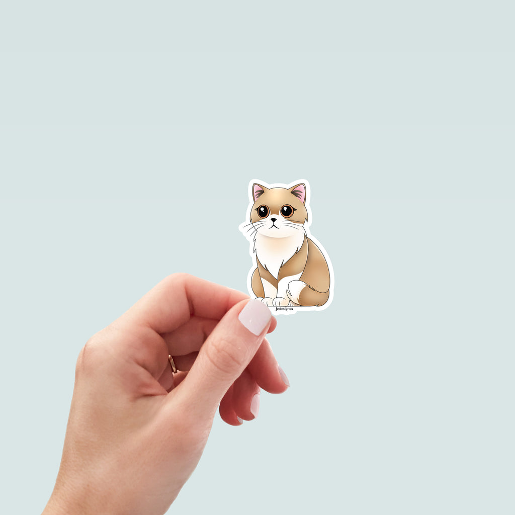 Fluffy Tan White Cat Sticker - Hand-Drawn Vinyl Decal