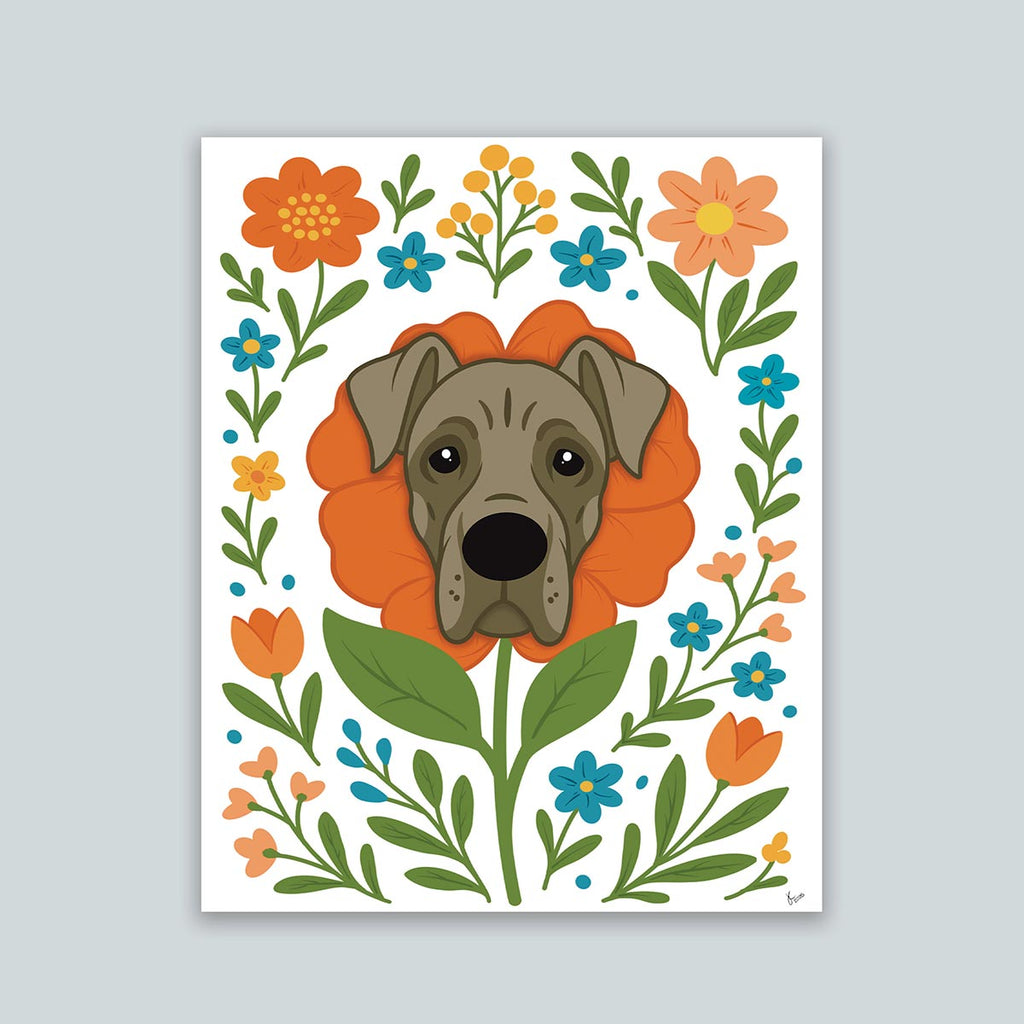 Great Dane flower art print featuring a gray Great Dane's face framed by an orange flower surrounded by orange and teal flowers and green stems and leaves, on a white background