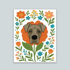 Great Dane flower art print featuring a gray Great Dane's face framed by an orange flower surrounded by orange and teal flowers and green stems and leaves, on a white background