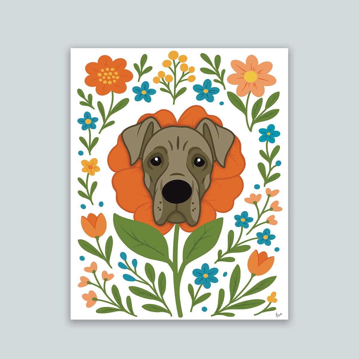 Great Dane flower art print featuring a gray Great Dane's face framed by an orange flower surrounded by orange and teal flowers and green stems and leaves, on a white background