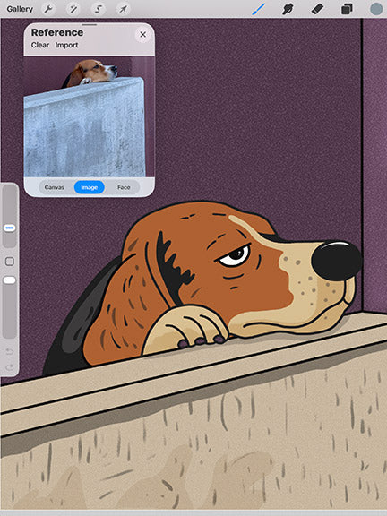 Cartoon dog looking over a ledge with a reference window open on a digital art software interface.