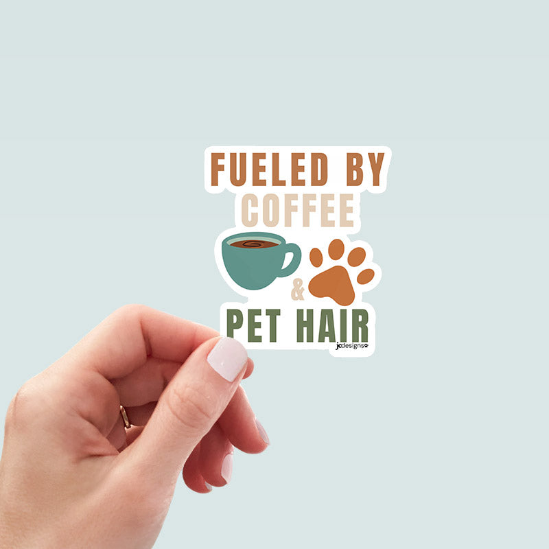 Fueled by Coffee & Pet Hair Dog Sticker - Hand-Drawn Vinyl Decal