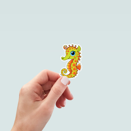 Vibrant Orange Green Seahorse Art Decal Stickers, Funny Handmade Cute Gift