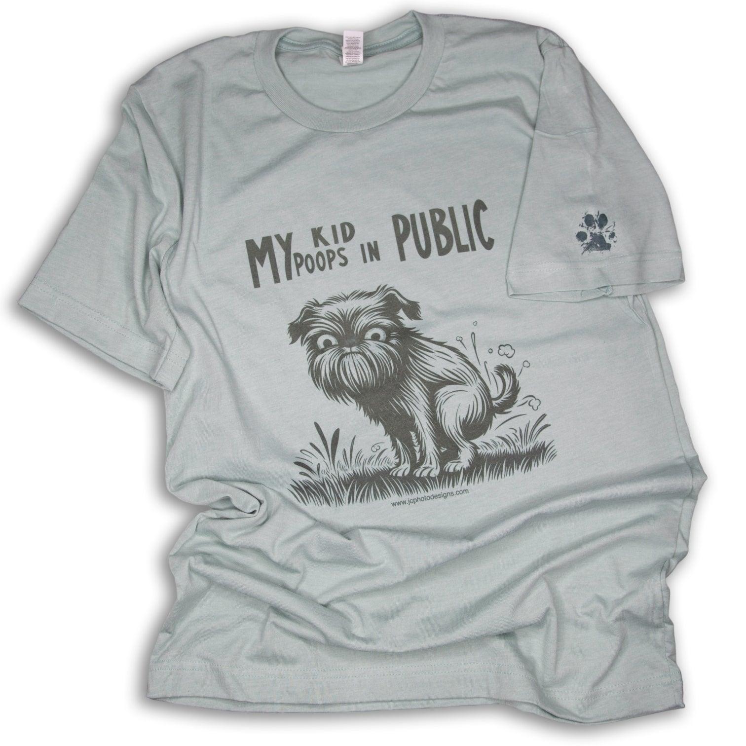 Humorous Brussels Griffon Dusty Blue Unisex T-Shirt - 'My Kid Poops in Public' - JC Designs