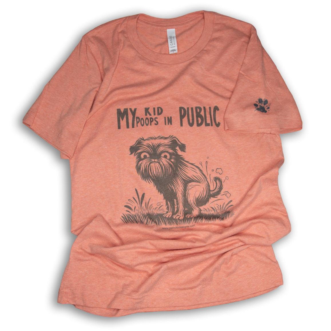 Humorous Brussels Griffon Heather Sunset Unisex T-Shirt - 'My Kid Poops in Public' - JC Designs