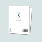 back of "I Woof You" greeting card showing JC Pet Designs logo and unique tagline message "I woof you furever", Oz's paw print in teal is in lower right corner above text "blank inside, made in the USA", sku and barcode in lower right corner